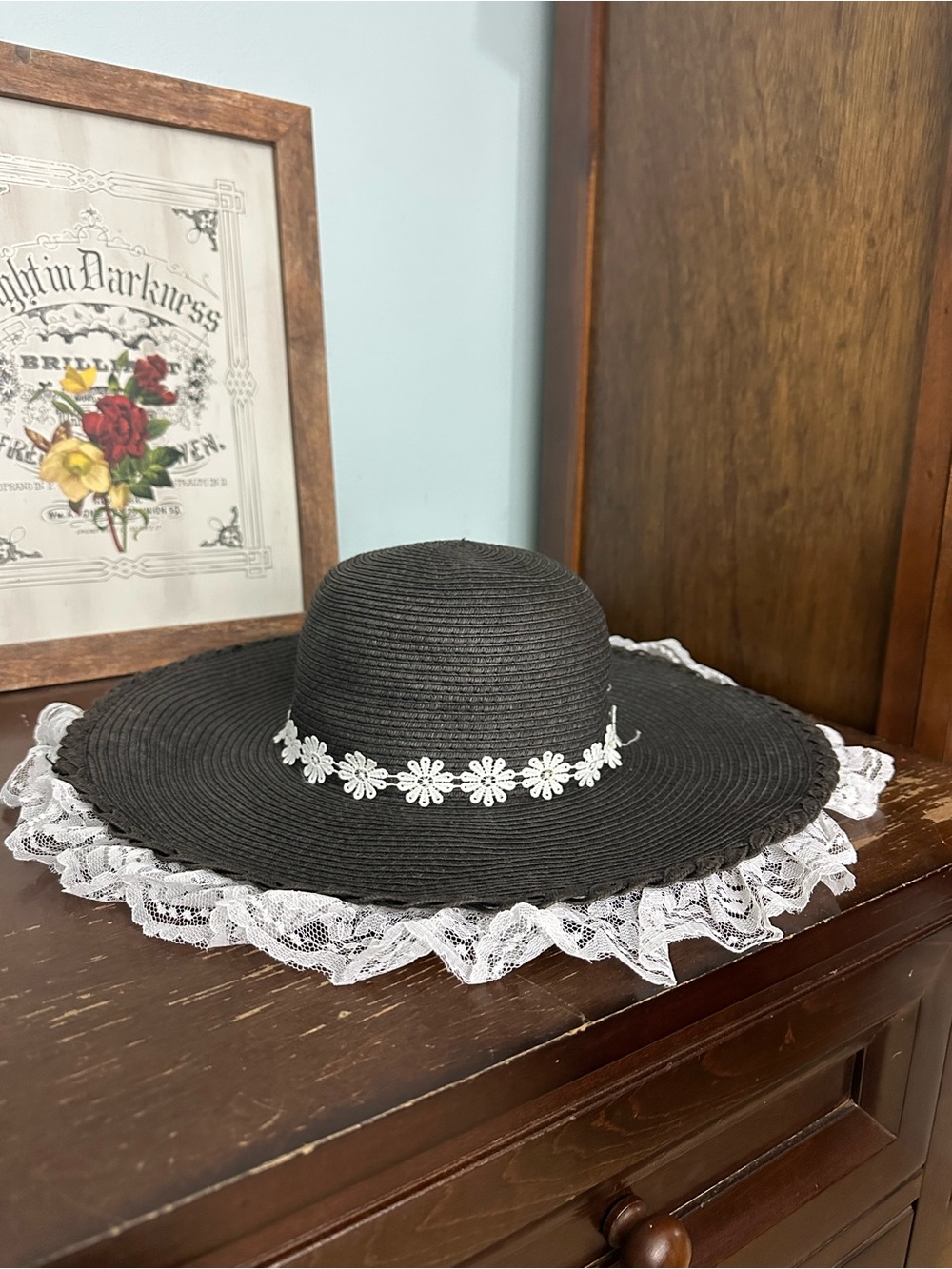 Marciano Black Wide-Brim Straw Hat with White Lace Trim Cottage Summertime